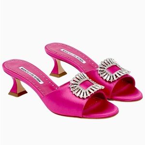 Manolo Blahnik Laalita Crystal Satin Mules in pink